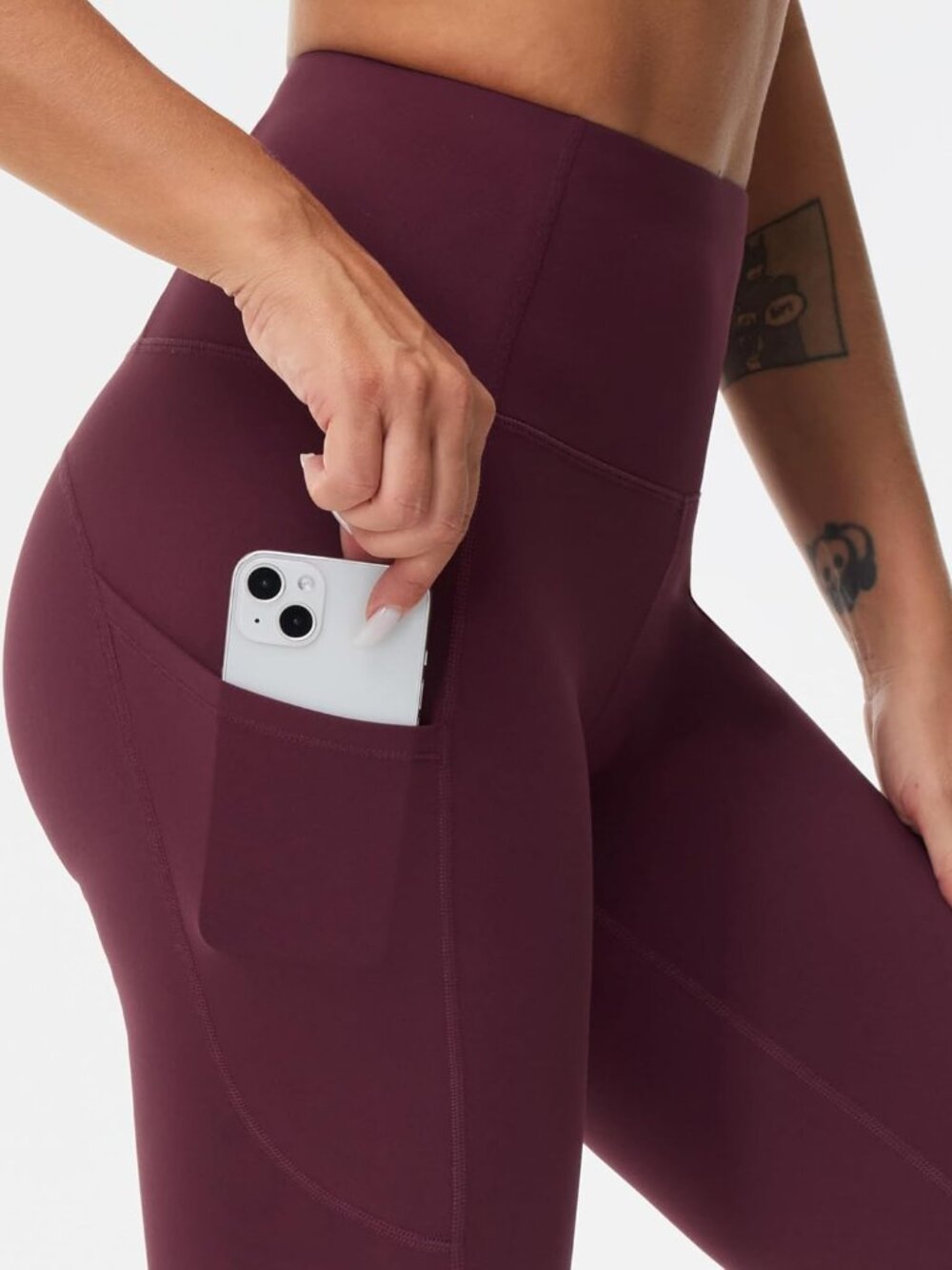 Women's Dark Red Elastic Thick High Waist Tummy Control Workout Yoga Leggings - Picture 4 of 6